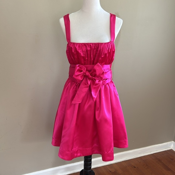 Anthropologie Maeve Pink Bow-Tie Satin Pockets Cocktail Mini Dress Size 12 - Picture 6 of 13